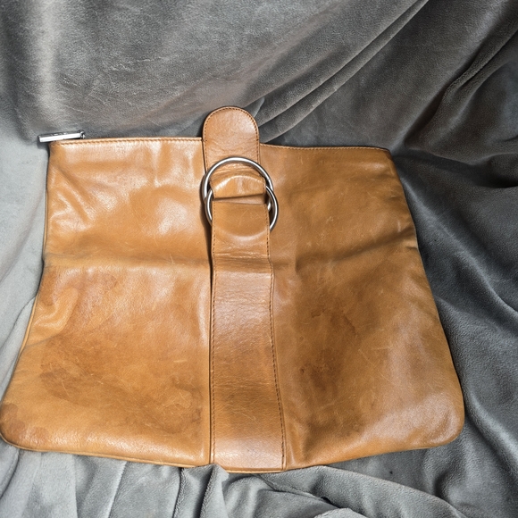 Vintage 90s 'Hobo' Camel Tan Leather Large Fold-Over Clutch - Picture 11 of 12